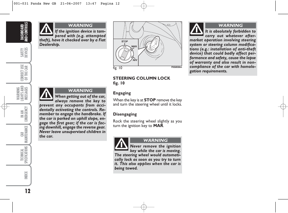 FIAT Panda Classic User Manual | Page 13 / 206