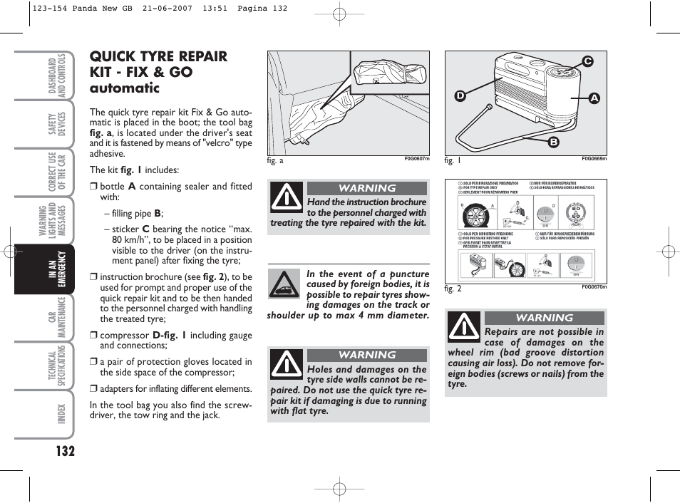 Quick tyre repair kit - fix & go automatic | FIAT Panda Classic User Manual | Page 133 / 206