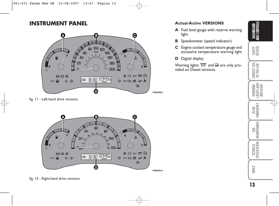 Instrument panel 13 | FIAT Panda Classic User Manual | Page 14 / 206