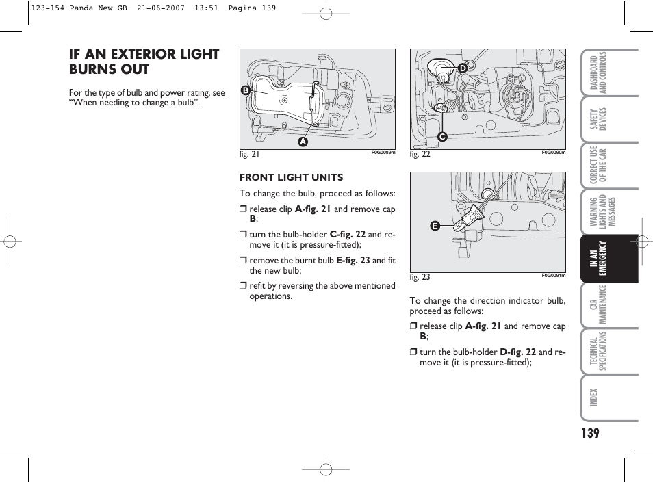 If an exterior light burns out | FIAT Panda Classic User Manual | Page 140 / 206