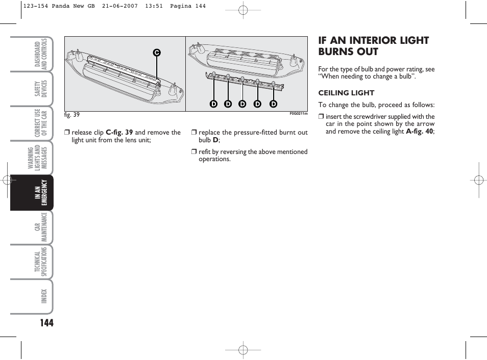 If an interior light burns out | FIAT Panda Classic User Manual | Page 145 / 206