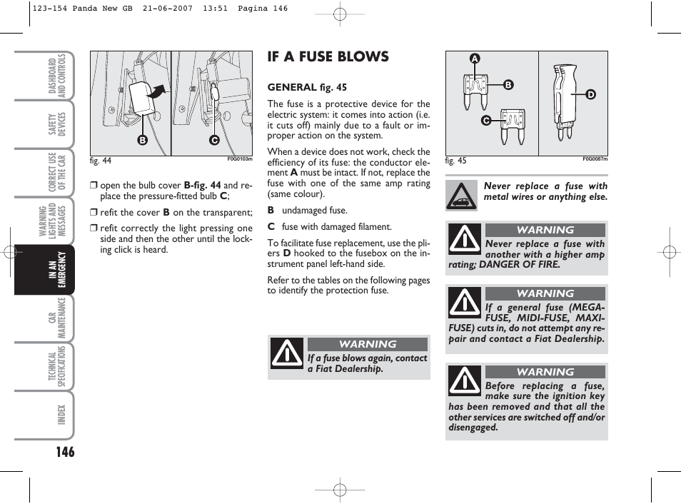 If a fuse blows | FIAT Panda Classic User Manual | Page 147 / 206