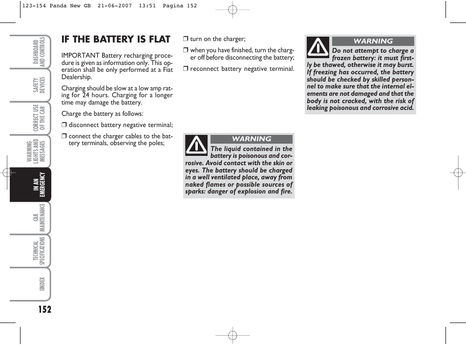 If the battery is flat | FIAT Panda Classic User Manual | Page 153 / 206