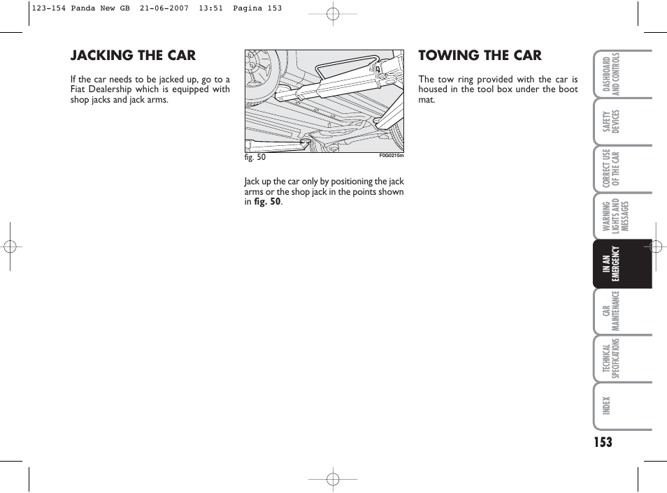 Jacking the car, Towing the car | FIAT Panda Classic User Manual | Page 154 / 206