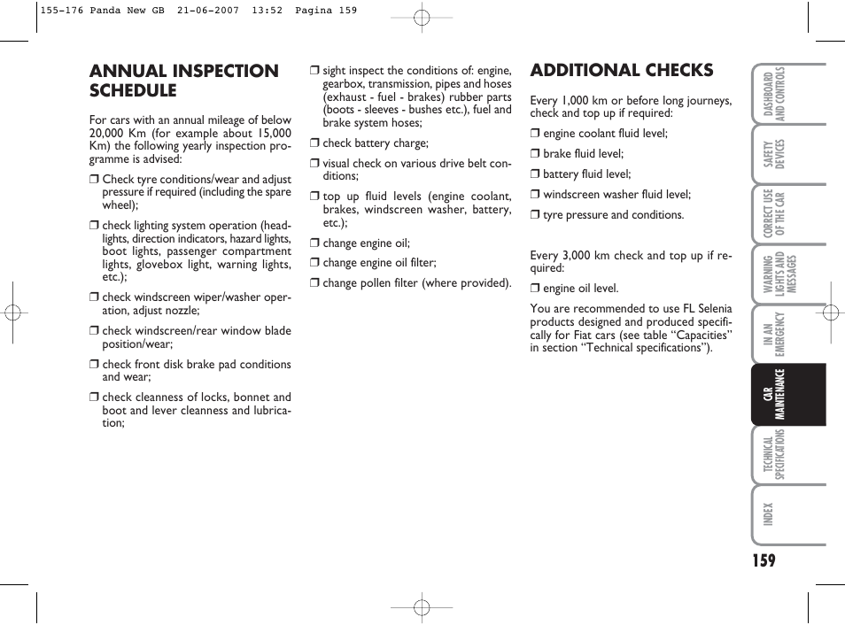 Additional checks, Annual inspection schedule | FIAT Panda Classic User Manual | Page 160 / 206