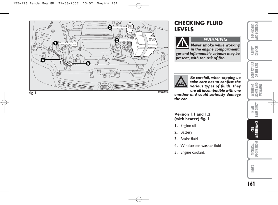 Checking fluid levels | FIAT Panda Classic User Manual | Page 162 / 206