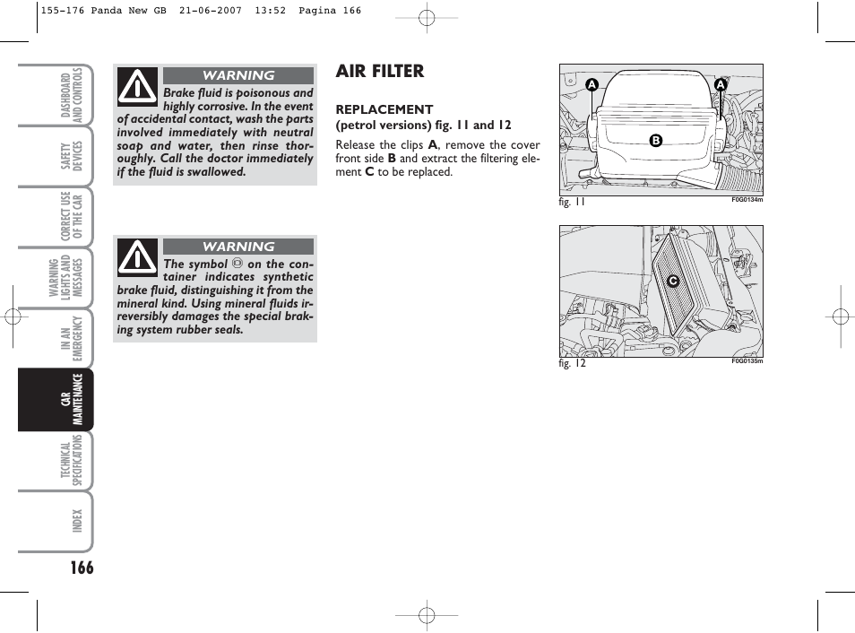 Air filter | FIAT Panda Classic User Manual | Page 167 / 206