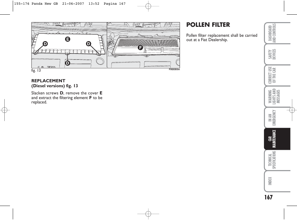 Pollen filter | FIAT Panda Classic User Manual | Page 168 / 206