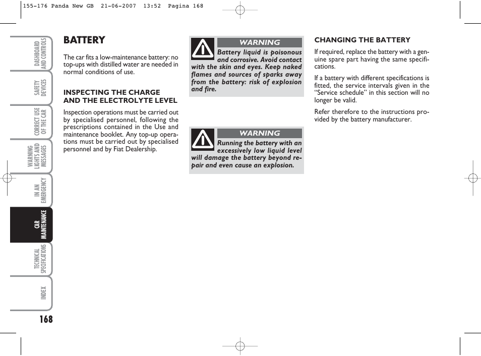 Battery | FIAT Panda Classic User Manual | Page 169 / 206