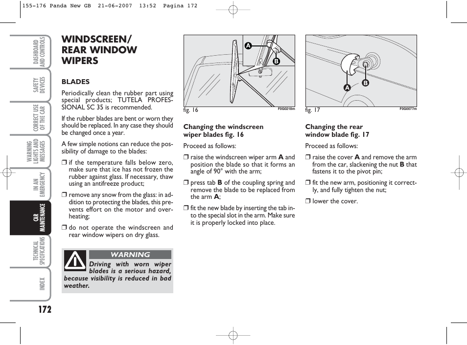 Windscreen/ rear window wipers | FIAT Panda Classic User Manual | Page 173 / 206