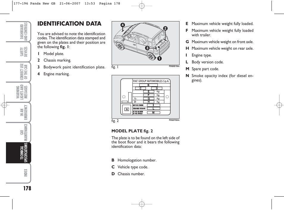 Identification data | FIAT Panda Classic User Manual | Page 179 / 206