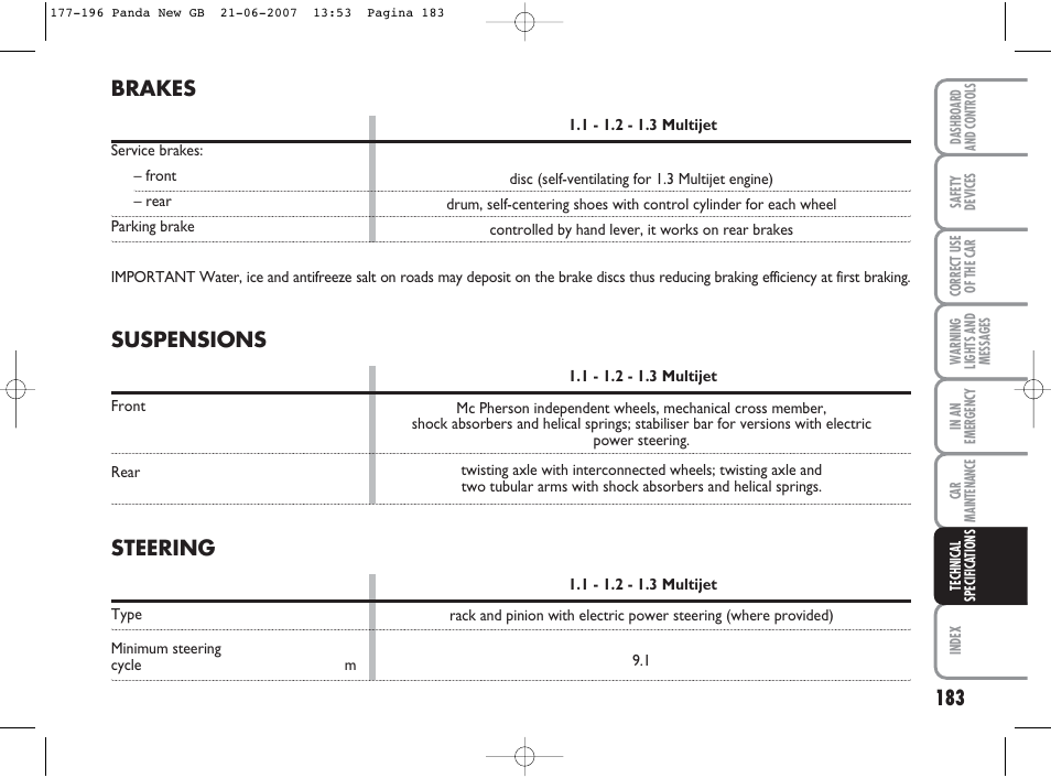 Suspensions, Steering, Brakes | FIAT Panda Classic User Manual | Page 184 / 206