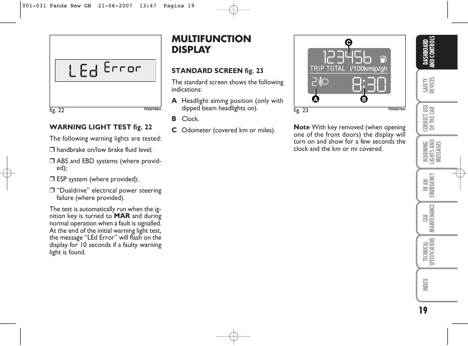 Multifunction display | FIAT Panda Classic User Manual | Page 20 / 206