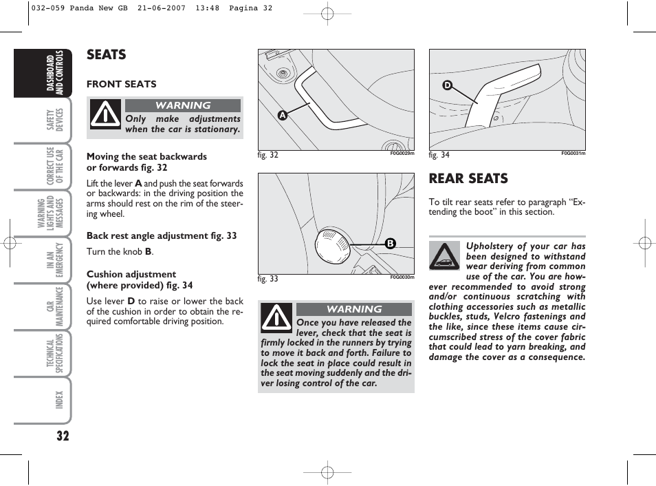 Rear seats, Seats | FIAT Panda Classic User Manual | Page 33 / 206