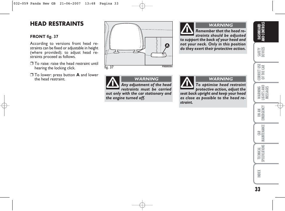 Head restraints | FIAT Panda Classic User Manual | Page 34 / 206