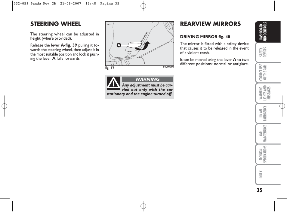 Rearview mirrors, Steering wheel | FIAT Panda Classic User Manual | Page 36 / 206