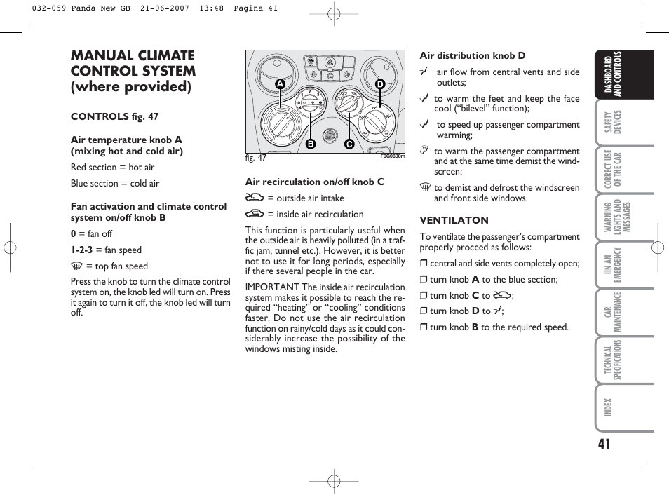 Manual climate control system (where provided) | FIAT Panda Classic User Manual | Page 42 / 206