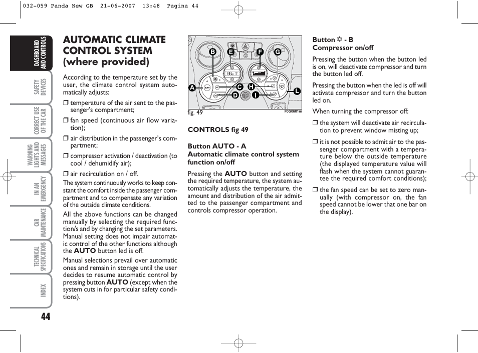 Automatic climate control system (where provided) | FIAT Panda Classic User Manual | Page 45 / 206