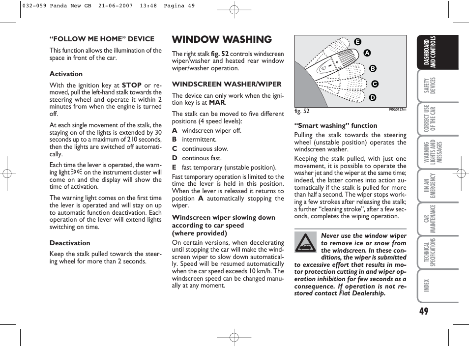 Window washing | FIAT Panda Classic User Manual | Page 50 / 206