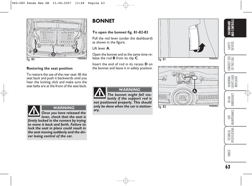 Bonnet | FIAT Panda Classic User Manual | Page 64 / 206