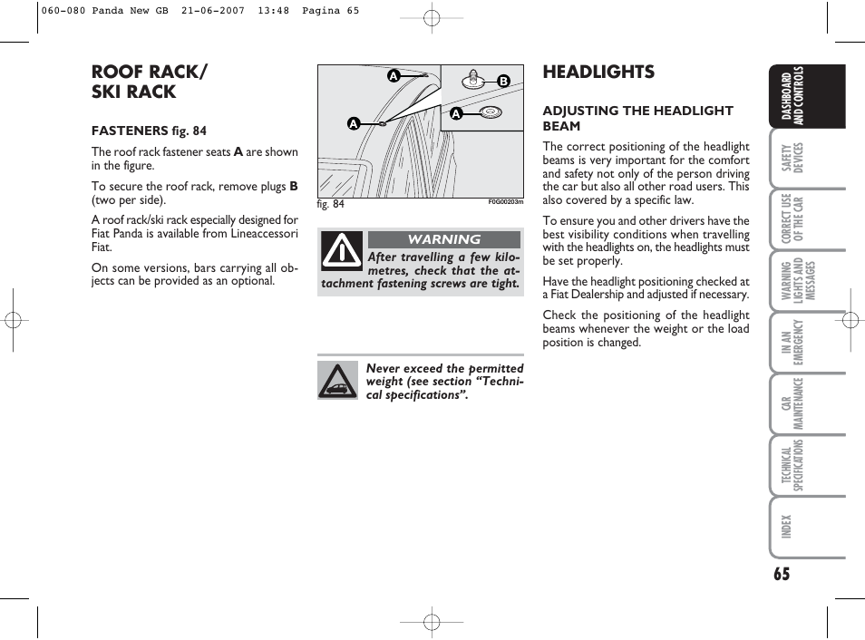 Headlights, Roof rack/ ski rack | FIAT Panda Classic User Manual | Page 66 / 206