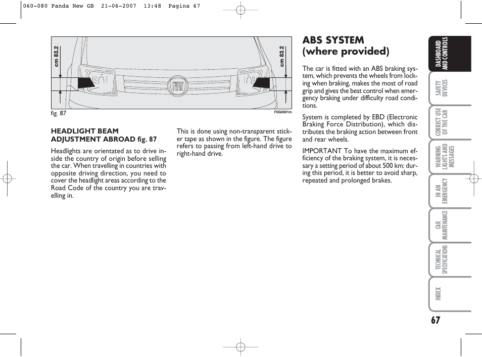 Abs system (where provided) | FIAT Panda Classic User Manual | Page 68 / 206