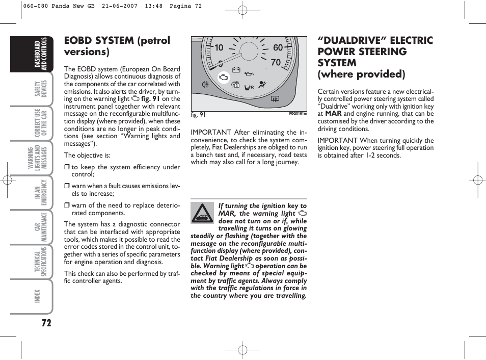 Eobd system (petrol versions) | FIAT Panda Classic User Manual | Page 73 / 206