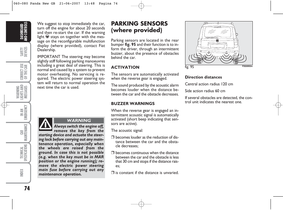 Parking sensors (where provided) | FIAT Panda Classic User Manual | Page 75 / 206