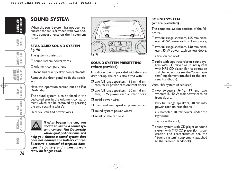 Sound system | FIAT Panda Classic User Manual | Page 77 / 206