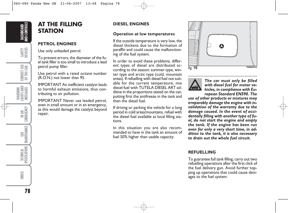 At the filling station | FIAT Panda Classic User Manual | Page 79 / 206