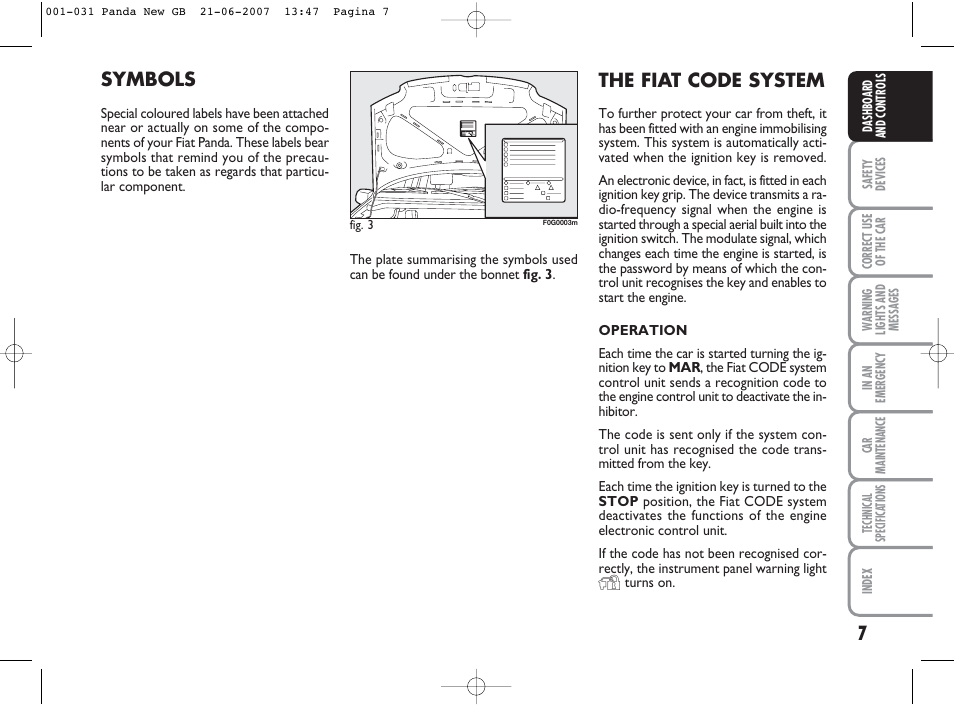 The fiat code system, Symbols | FIAT Panda Classic User Manual | Page 8 / 206