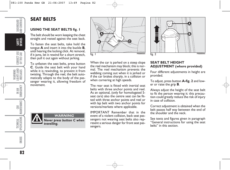 Seat belts | FIAT Panda Classic User Manual | Page 83 / 206