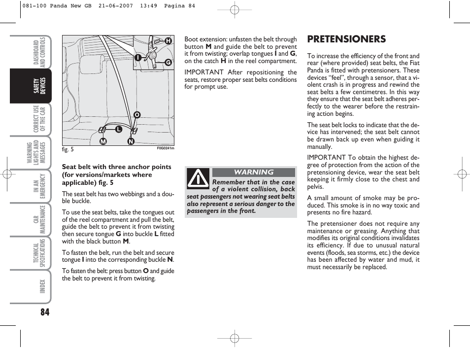 Pretensioners | FIAT Panda Classic User Manual | Page 85 / 206