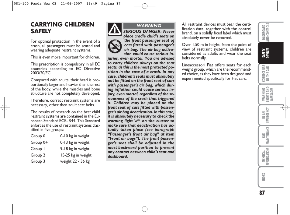 Carrying children safely | FIAT Panda Classic User Manual | Page 88 / 206