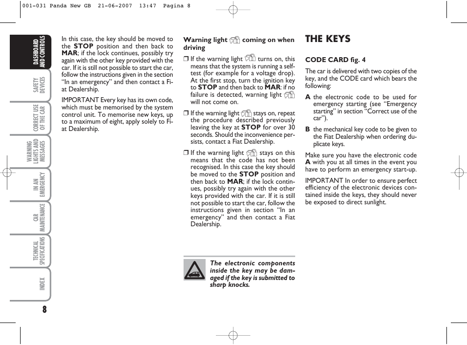 The keys | FIAT Panda Classic User Manual | Page 9 / 206