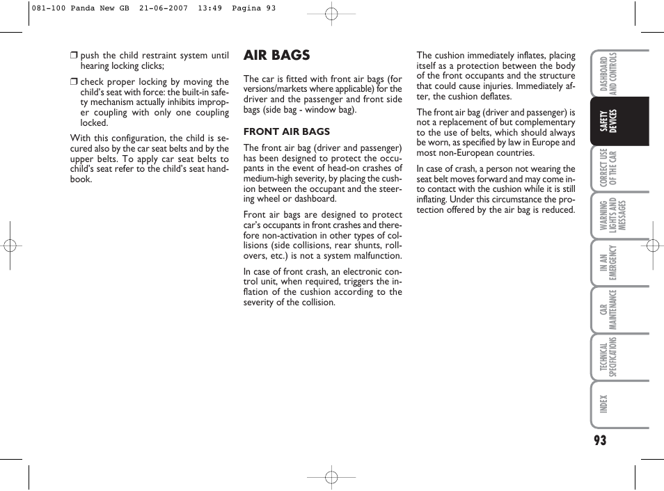 Air bags | FIAT Panda Classic User Manual | Page 94 / 206