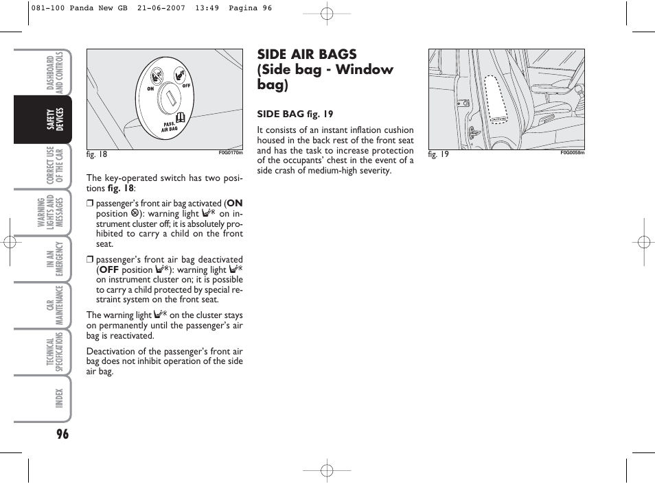 Side air bags (side bag - window bag) | FIAT Panda Classic User Manual | Page 97 / 206