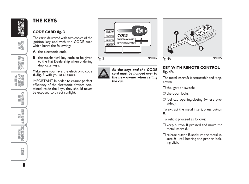 The keys | FIAT Grande Punto Actual User Manual | Page 10 / 243