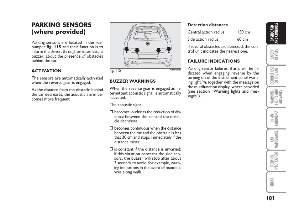 Parking sensors (where provided) | FIAT Grande Punto Actual User Manual | Page 103 / 243