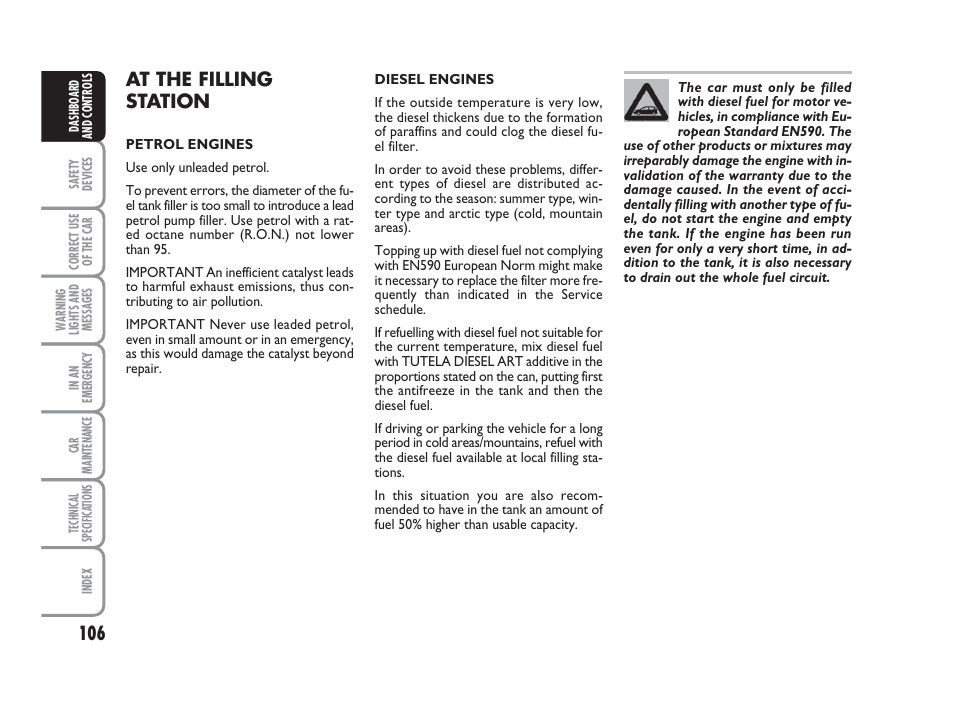 At the filling station | FIAT Grande Punto Actual User Manual | Page 108 / 243