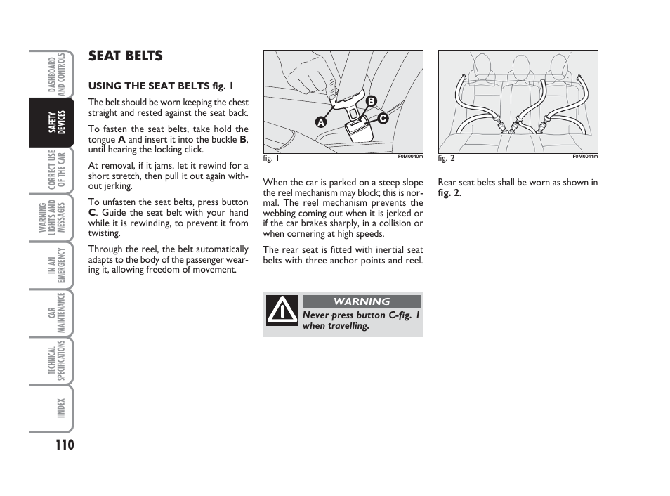 Seat belts | FIAT Grande Punto Actual User Manual | Page 112 / 243