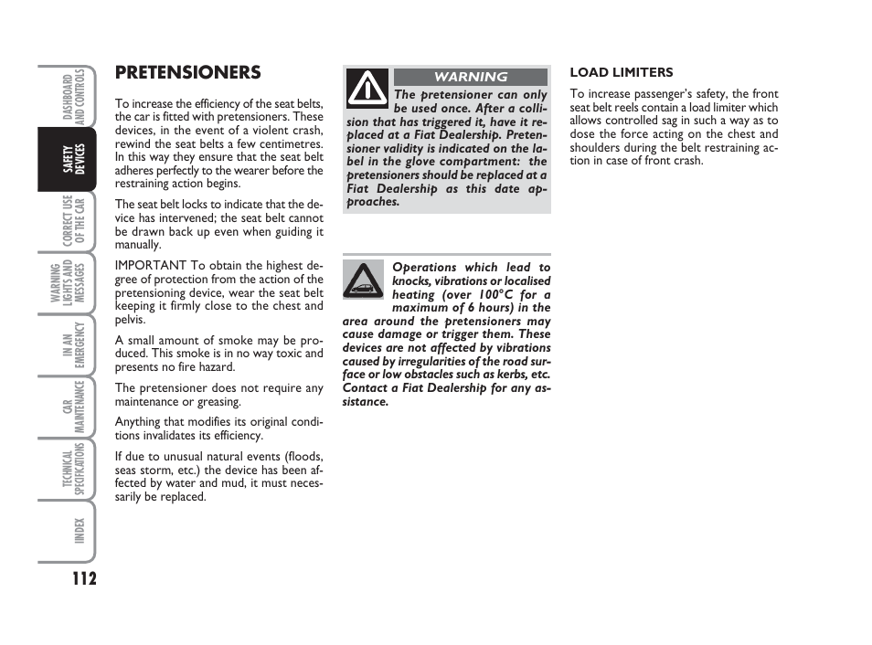 Pretensioners | FIAT Grande Punto Actual User Manual | Page 114 / 243