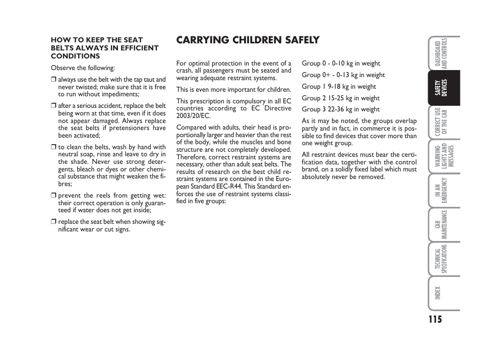 Carrying children safely | FIAT Grande Punto Actual User Manual | Page 117 / 243