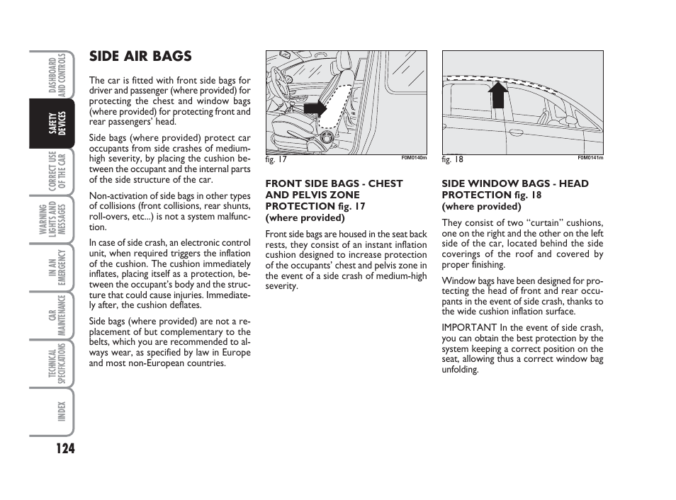 Side air bags | FIAT Grande Punto Actual User Manual | Page 126 / 243