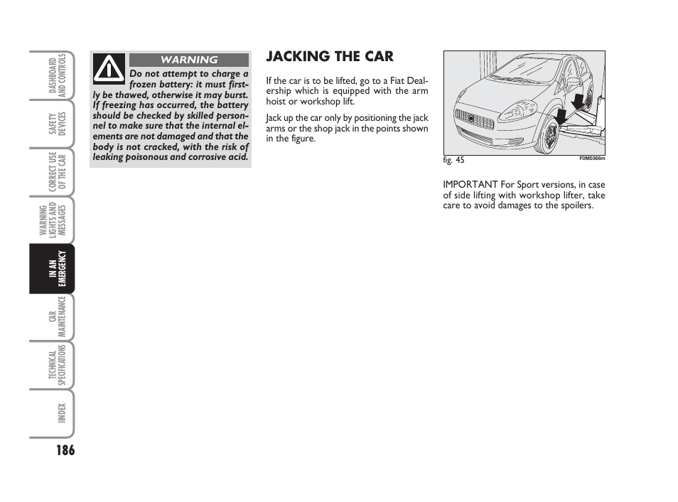 Jacking the car | FIAT Grande Punto Actual User Manual | Page 188 / 243