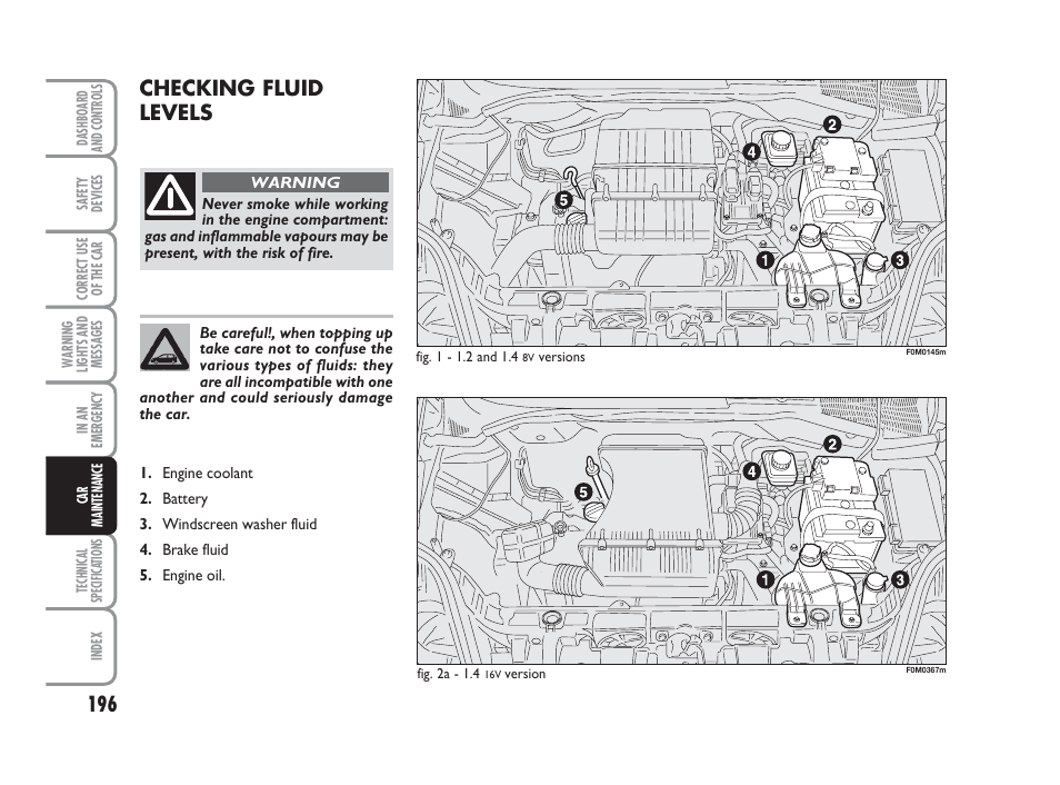 Checking fluid levels | FIAT Grande Punto Actual User Manual | Page 198 / 243