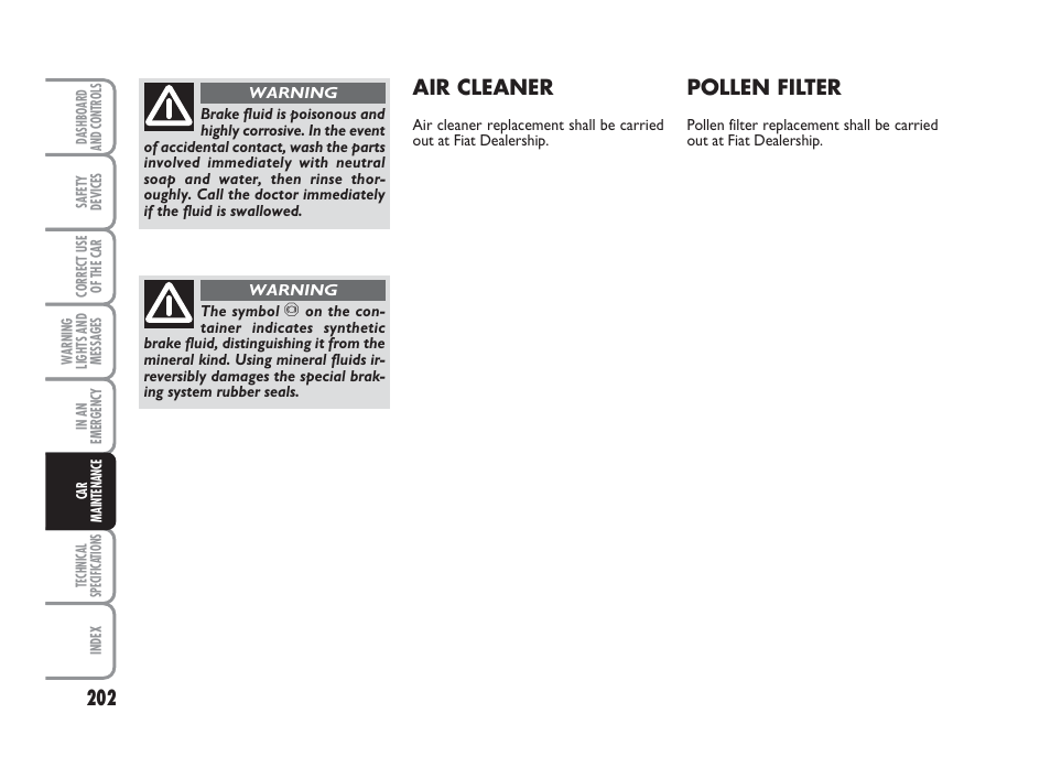 Air cleaner, Pollen filter | FIAT Grande Punto Actual User Manual | Page 204 / 243