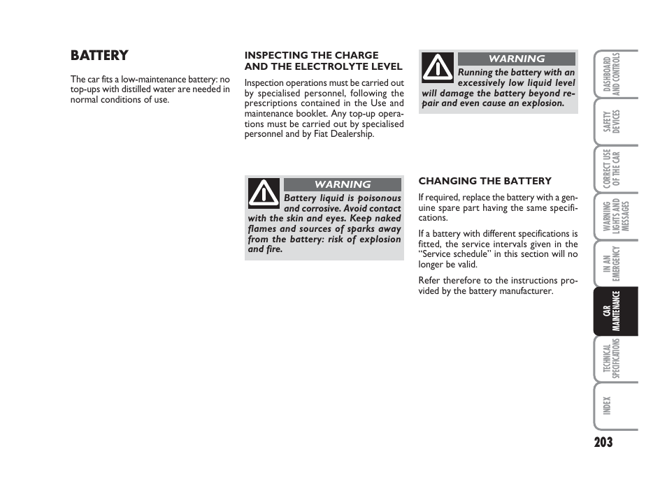 Battery | FIAT Grande Punto Actual User Manual | Page 205 / 243