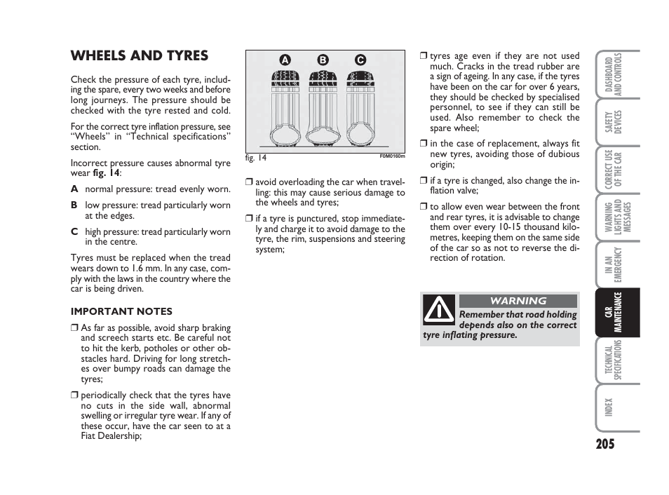 Wheels and tyres | FIAT Grande Punto Actual User Manual | Page 207 / 243