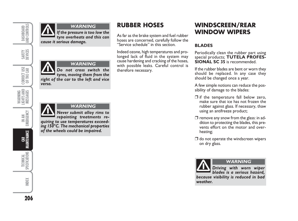 Windscreen/rear window wipers, Rubber hoses | FIAT Grande Punto Actual User Manual | Page 208 / 243